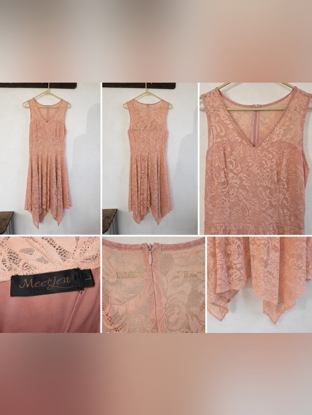 Meetjen Lace Dress Size L Dusty Rose Pink Sleeveless Handkerchief Hem